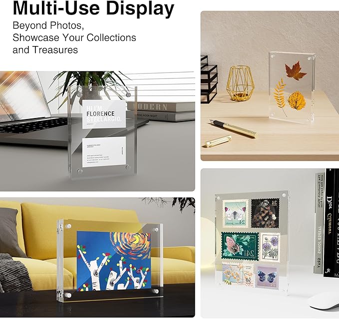 HOUSE DAY Acrylic Picture Frames 4x4, 6 Pack Magnetic 4 x 4 Picture Frame, Double Sided Clear 4x 4 Photo Frame with Microfiber Cloth, Frameless FreeStanding 4x4 Frame Gift for Desktop Display