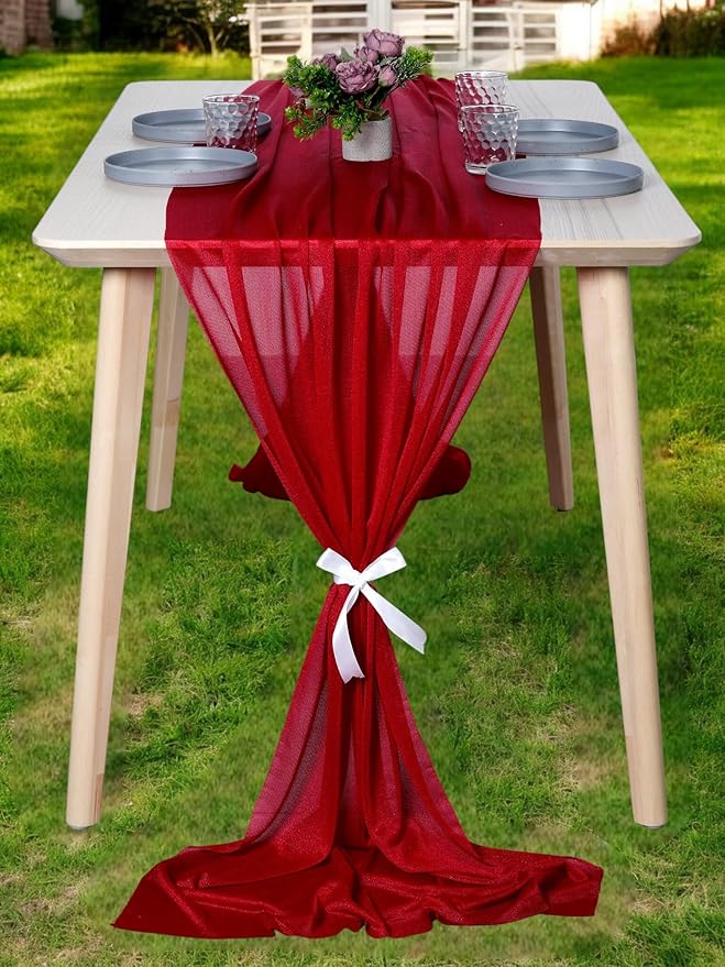 MDS 2 Pack 14ft Chiffon Table Runner 29 x 170 Inches Sheer Wedding Runner Romantic Rustic Table Runner for Wedding Decorations, Birthday Parties, Bridal Shower Party Arch Decor - Apple red