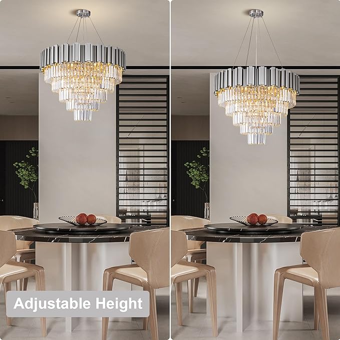 Modern Crystal Chandelier, 27.5" Silver Chandelier for Dining Room, 9-Light Luxury Round Chandeliers, 5-Tier Contemporary Light Fixture for Living Room, Bedroom, Foyer, Entryway
