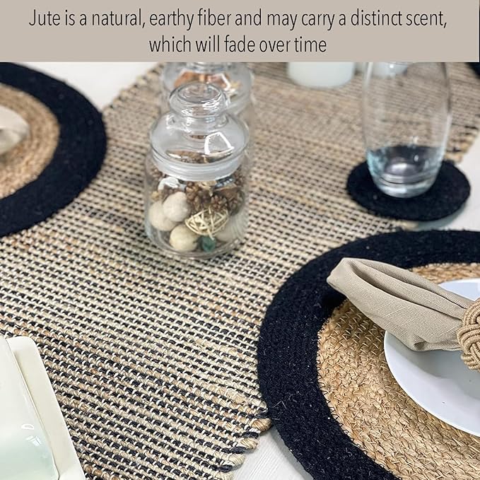 Chardin home Natural Jute Table Runner 13x72 Inch – Vintage Boho Rustic Table Decor – Handwoven Table Runner in Natural Jute and Black – Farmhouse Dining or Console Table Accent