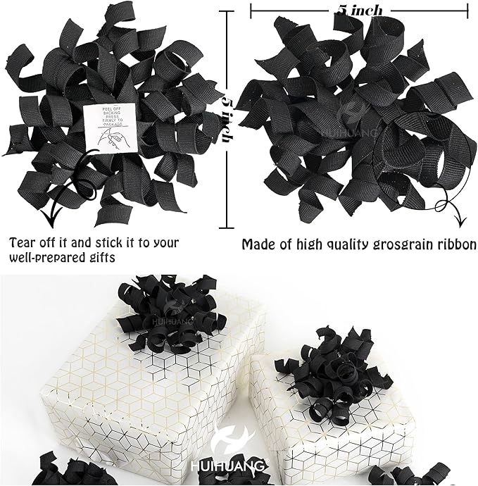 HUIHUANG Black Bows for Gift Wrapping, Black Curly Ribbon Bows Self Adhesive Burst Gift Bow for Christmas Presents, Wine Bottle, Treat Bags, Birthday, Holiday Party Favors - 6 Counts