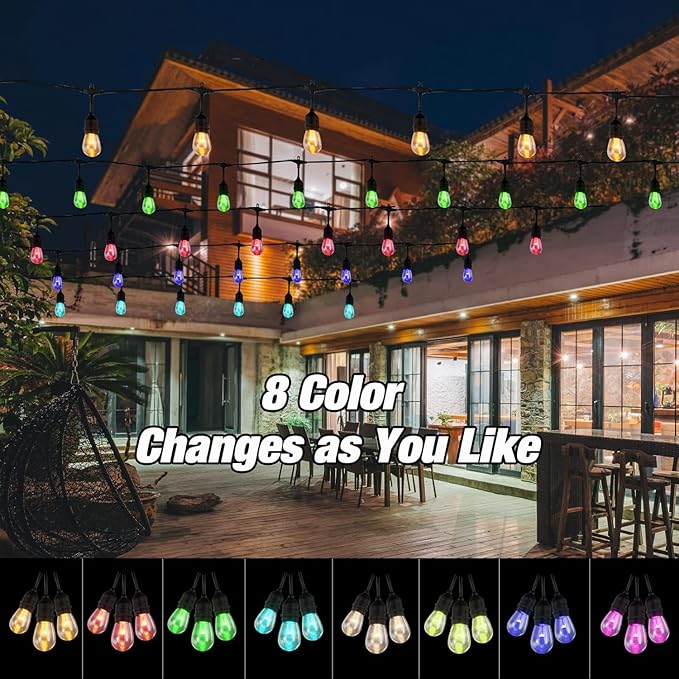 24FT Solar Outdoor String Lights, 12 Shatterproof E26 Edison LED Bulbs, Dimmable RGB Color Changing Patio Lights with 8 Modes, IP65 Waterproof & Remote for Weddin & Commercial Use