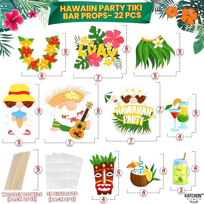 KatchOn, Hawaiian Luau Photo Booth Props - Pack of 22 | Luau Party Decorations | Hawaiian Photo Booth Props for Hawaiian Themed Party Decorations | Luau Photo Props for Hawaiian Party Decorations