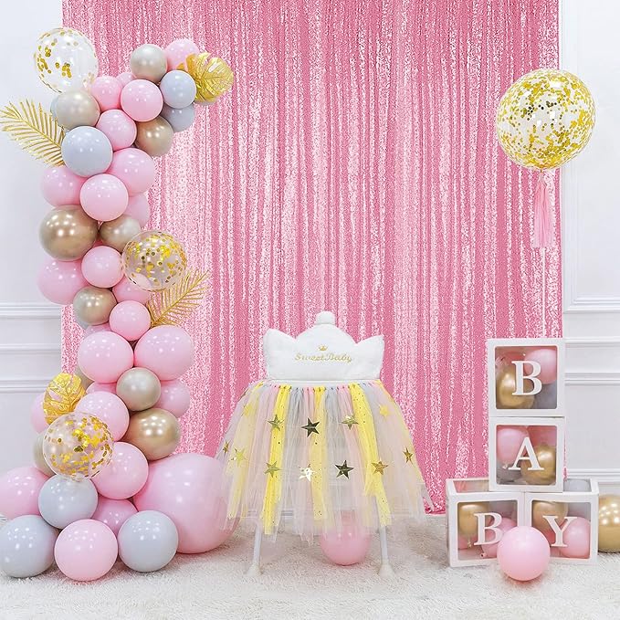 Hahuho Pink Sequin Backdrop Curtain, 4PCS 2FTx8FT Glitter Backdrop Curtain for Parties, Christmas, Wedding, Banquet Decoration（4 Panels, 2FT x 8FT, Pink）
