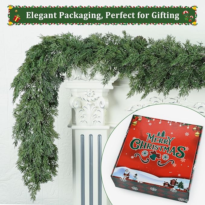 16ft Christmas Cedar Garland, Real Touch Pine Garland, Realistic Cypress Garlands Christmas Decorations for Mantel, Table, Stairs, Porch - Indoor Outdoor Xmas Holiday Decor