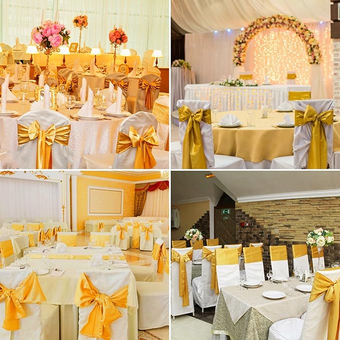 100 PCS Satin Chair Sashes Decorative Bows Satin Chair Sashes Ties Back Ribbon Bows Chairs Cover Band for Wedding Party Ceremony Reception Events Banquet Restaurant Home Kitchen Decor(7x108inch,Gold)