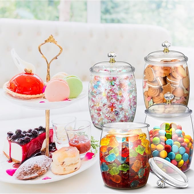 Nuogo 6 Pcs Plastic Candy and Cookie Jar with Lids Decorative Apothecary Jars Candy Buffet Containers Clear Airtight Food Storage Canister Home Decoration(42 oz,Classic)