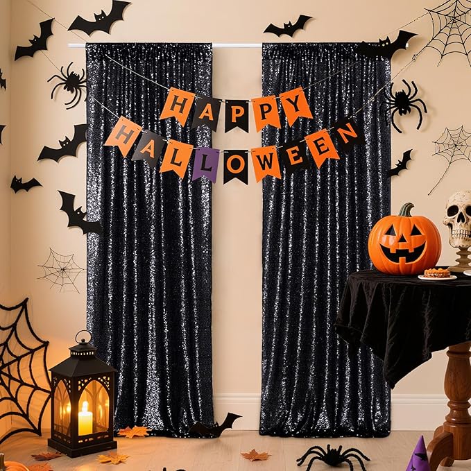 Poise3EHome Black Sequin Backdrop Curtain, 4 Pcs 3FT x 8FT Sequin Backdrop Panels,Black Curtains for Photography Party Birthday Halloween Backdrop