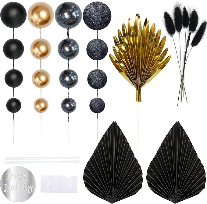 Ephlyn 33 Pack Balls Cake Toppers Boho Palm Leaves Cake Decorations Round Acrylic Happy Birthday Cupcake Toppers for Birthday Wedding Baby Shower Party Supplies Black Gold