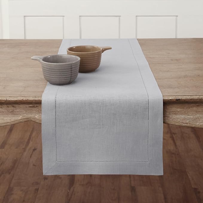 Solino Home Linen Soft Grey Table Runner 48 Inches - Classic Hemstitch, 100% Pure Linen Coffee Table Runner 14 x 48 Inch Ideal for Dresser Tables - Fall, Autumn, Halloween, Thanksgiving, Christmas