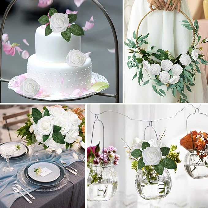 AmyHomie Artificial Flowers White Rose 100pcs Real Looking Fake Roses w/Stem for DIY Wedding Bouquets Centerpieces Arrangements Party Baby Shower Home Decorations