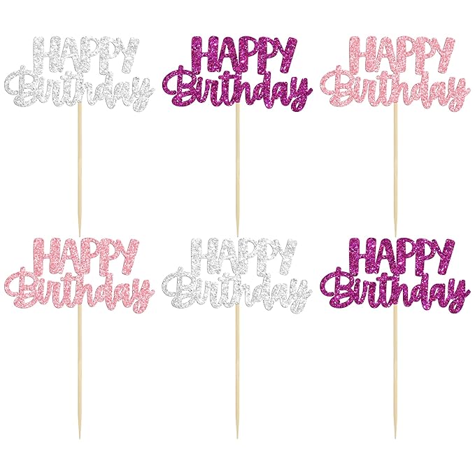 Gyufise 24Pcs Happy Birthday Cupcake Toppers Glitter Birthday Cupcake Food Picks for Celebrating Happy Hallowenn Theme Party Cake Decorations Supplies Purple White Silver