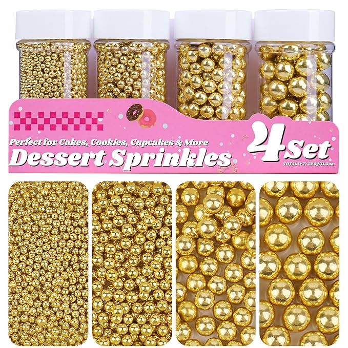 Gold Pearl Sprinkles for Cake Decorating, 11.3 Oz Edible Pearls Sugar 4 Sizes Gift Box Set for Baking Cookie Ice Cream Cupcake Toppings