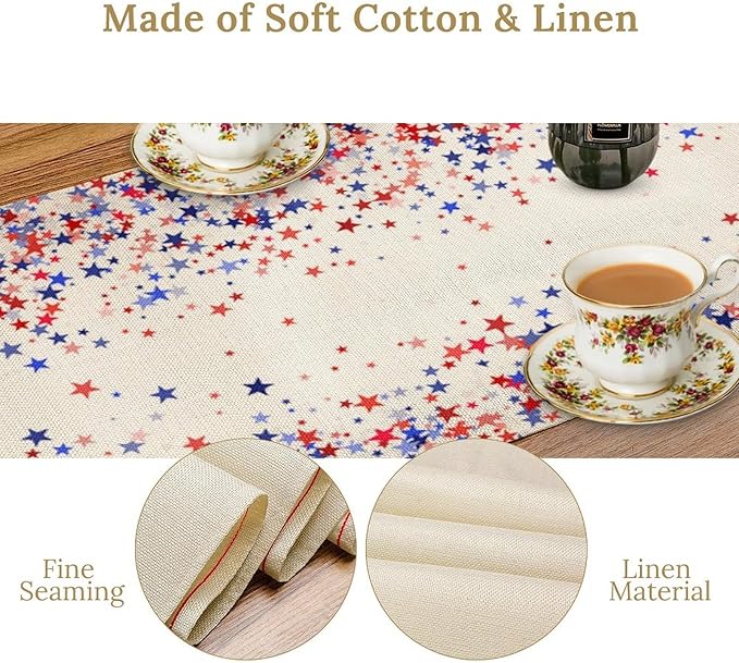 Independence Day Table Runner, 4th of July Red Blue Stars American President Day Holiday Confetti Print Table Cover for Kitchen Dining Table Indoor Outdoor Party, 13x70inch