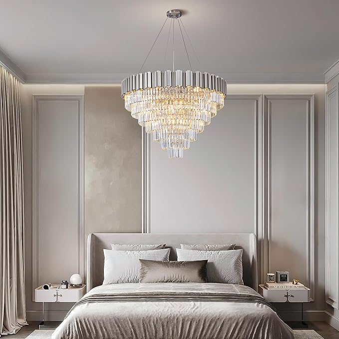 39" Silver Crystal Chandelier, 21-Light Modern Luxury Round Chandelier, 7-Tier Contemporary Tiered Chandeliers Light Fixture for Dining Room, Living Room, Bedroom, Foyer, Entryway, Kitchen