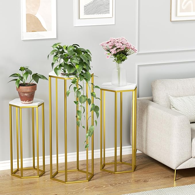Urban Deco Cylinder Stands for Party, Set of 3 Gold Metal Hexagon Cake Pedestal Stand with Marbled Countertop, Flower Plant Pedestal Stands for Display Parties Wedding Birthday Decor, 3PCS, Gold