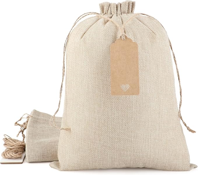 Tapleap Burlap Gift Bags with Drawstring - 10Pcs 10x14 Original Sacks with String and Tags for Wrapping Halloween Favors, Clothes, Toiletries, Breads, For Birthday, Wedding or Household Use