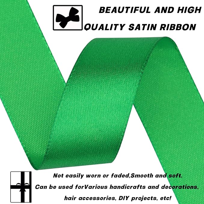 Green 7/8 Inch 60 Yards Satin Craft Ribbon - Single Face Polyester Ribbon for Handmade Roses, Gift Wrapping, Timeless Flower, Bouquets, Wedding and Party Decoration
