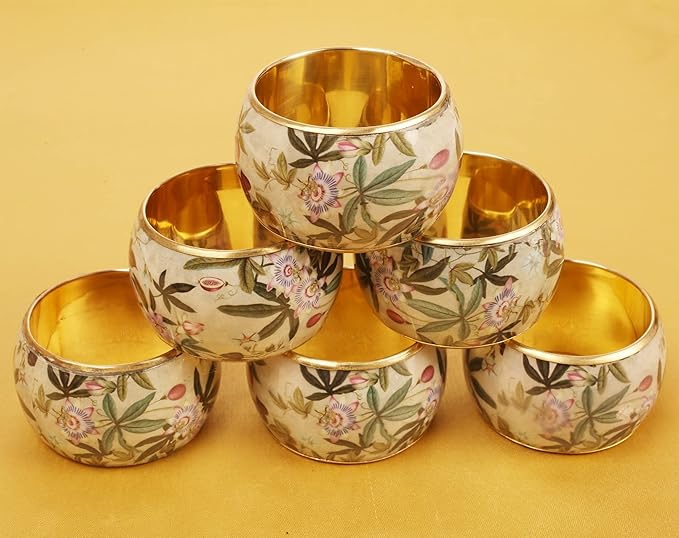Gorgeous Beautifully Handcrafted Eye Catching Colorful Floral Petals Patterns Large Size Gold Tone Party Dining Table Napkin Holders (Set of 6)