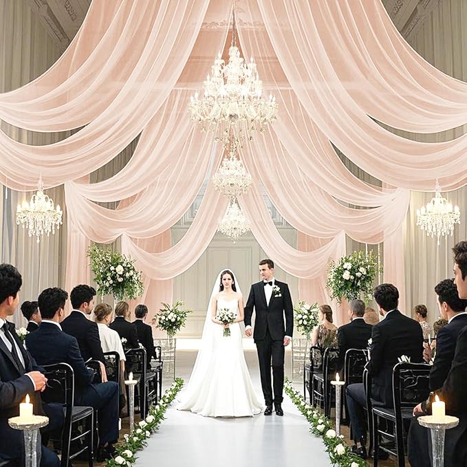FUHSY Ceiling Drapes for Weddings 4 Panels 5x20 FT Champagne Chiffon Fabric Drape Sheer Backdrop Curtains for Bridal Wedding Arch Draping Fabric Tent Ceiling Curtains Hanging Kit for Bedroom Canopy