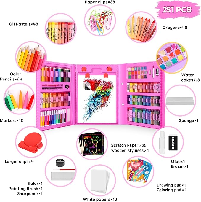 Stocking Stuffers, Art Supplies, Arts and Crafts for Kids Ages 8-12, Teens Girls Christmas Gifts, 251-Pack Art Set Case with Trifold Easel, Sketch Pads, Gifts for 5-12 Year Old Girl