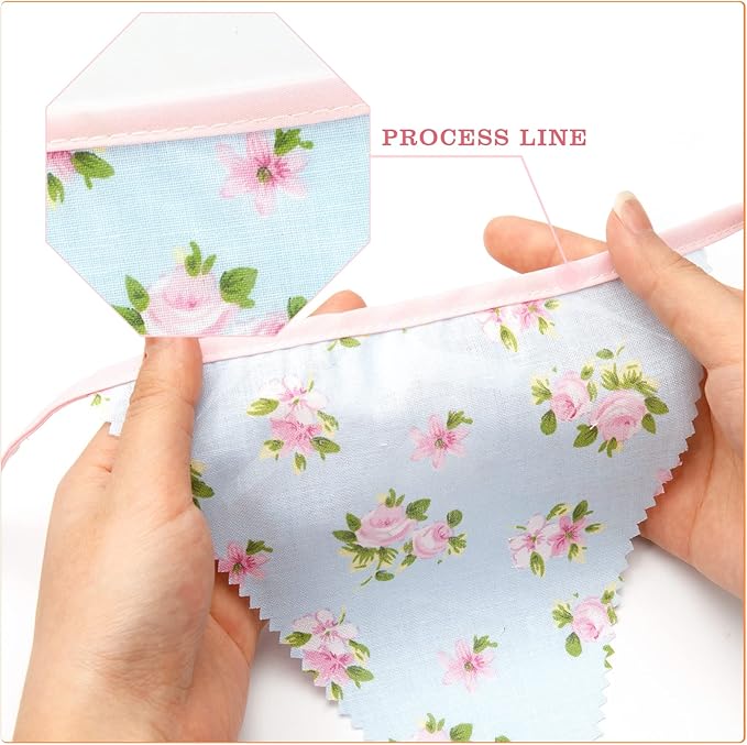 jijAcraft 39Ft Triangle Bunting Banner, 42Pcs Tea Floral Party Bunting Cotton Fabric Flags Pennant Garlands for Birthday Party, Wedding, Baby Shower, Outdoor and Home Decorations (Pink and Grenn)
