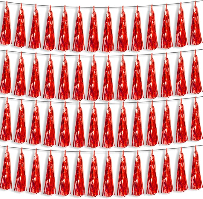 4P Red Foil Fringe Metallic Tassel Streamers Banner Tassel Garland for Parade Floats, Bachelorette, Wedding, Birthday, Halloween, Christmas, Bridal/Baby Shower Party Decorations