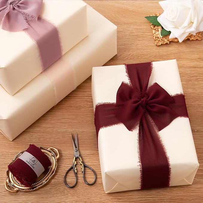 DORIS HOME Burgundy Chiffon Ribbon for Flower Bouquet, 2" x21Yd Fabric Ribbon for Gift Wrapping, Handmade Frayed Ribbon for Wedding, Chiffon Silk Ribbon for Christmas Decorations