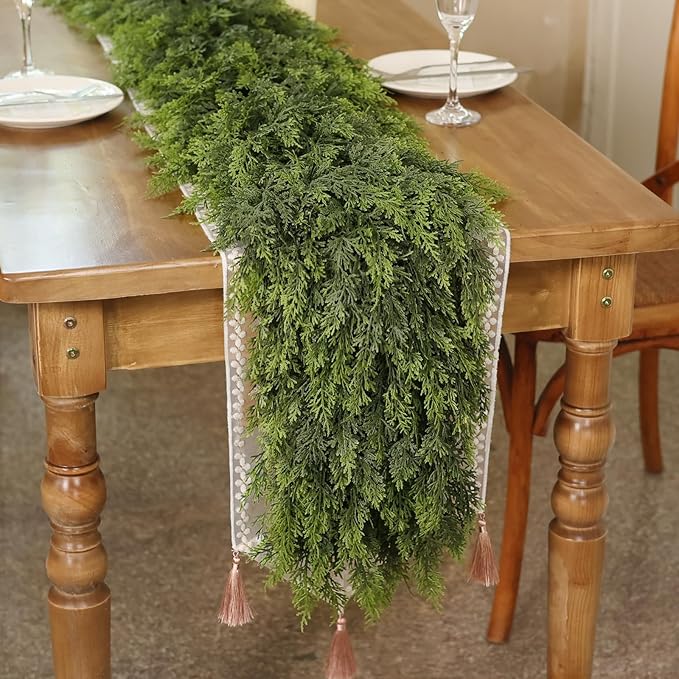 6FT Real Touch Cedar Garland - Artificial Christmas Garland Fake Green Faux Thick and Lush Pine Needles Garlands for Table Fireplace Mantle Holiday Home Indoor Outdoor Decor (1PCS)