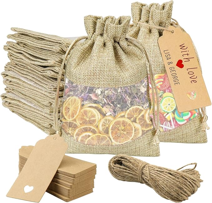 GIOIPC 20Pcs 5 x 7 Inch Linen Burlap Sheer Bags with Drawstring and Bonus Gift Tags for Wedding Birthday Bag,Craft Bags,Cosmetic Samples