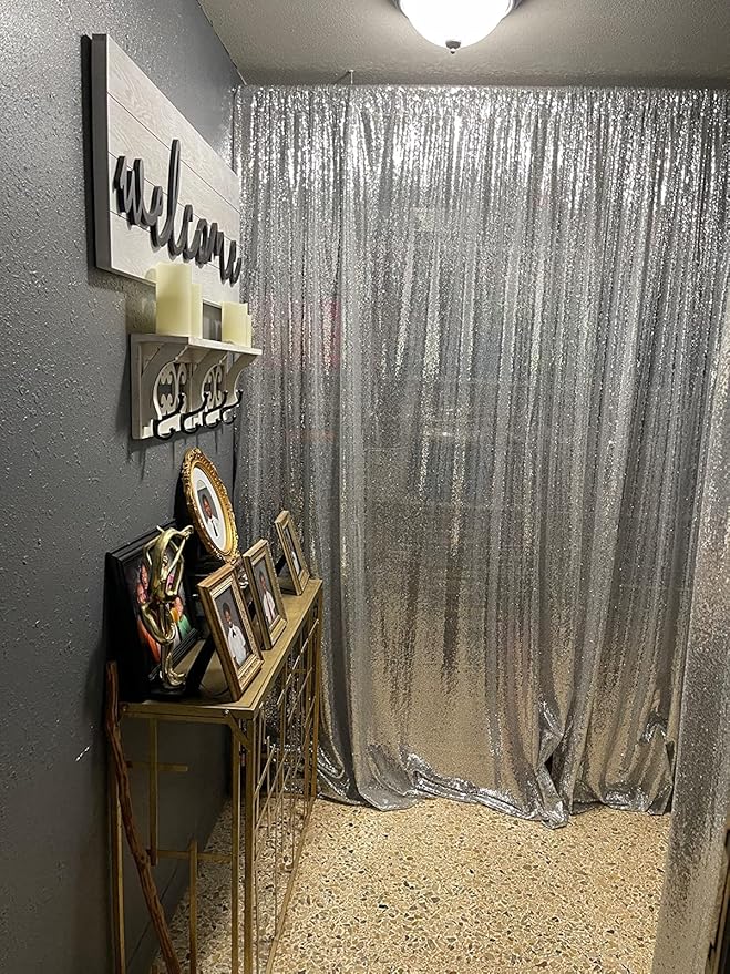 Silver Sequin Backdrop Curtains 1 Panel 10FTx10FT Wedding Photo Backdrop Drapes Glitter Birthday Bridal Party Curtains Sparkle Background Party Decor Curtains