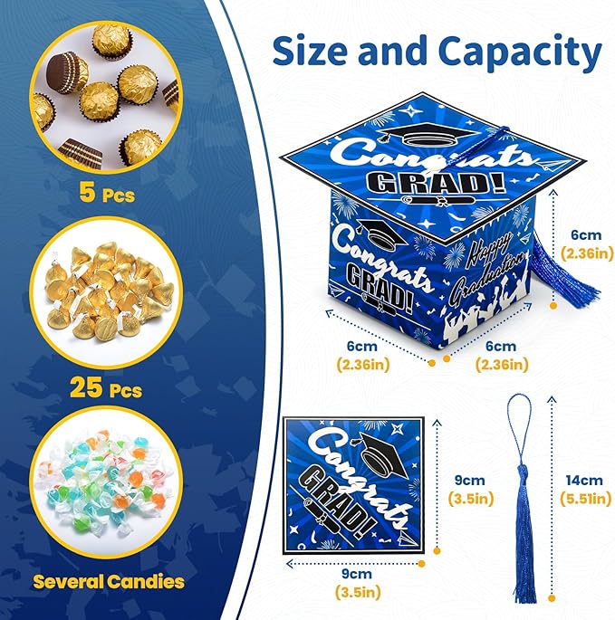 COTOPHER 36 Pack Mini Graduation Cap Gift Boxes, Class of 2025 Graduation Candy Boxes with Tassel, Small Treat Chocolate Box Centerpieces for Tables Party Decorations Graduate Favors Supplies