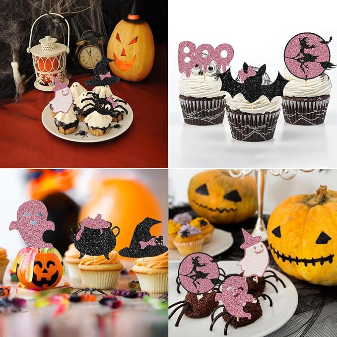 60Pcs Halloween Cupcake Toppers, Bat Pumpkin Ghost Cupcake Decorations for Halloween Party Supplies,Pink Multi Style1