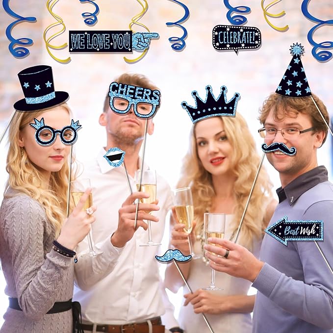 36 PCS Birthday Photo Booth Props Party Supplies Holiday Picture Decorations Photo Booth Props for Birthday Party Favors Pose Sign Kit Fun for Party (Black and Blue)