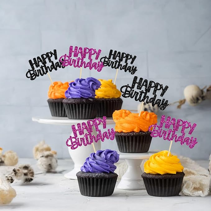 Gyufise 24Pcs Happy Birthday Cupcake Toppers Glitter Birthday Cake Topper Decorations for Celebrating Halloween Theme Party Decorations Supplies Black Purple