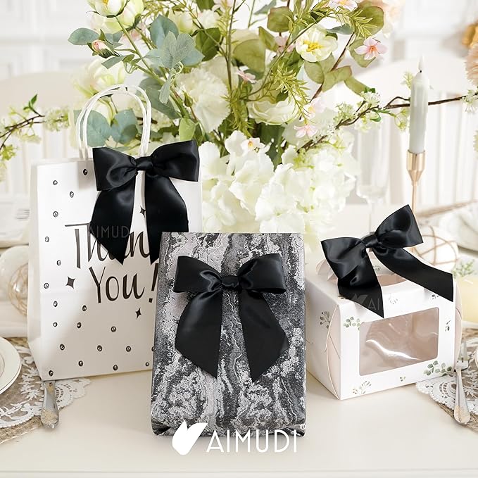 AIMUDI Black Satin Bows 5.5" Bows for Gift Wrapping Satin Twist Tie Bow Premade Ribbon Bow for Treat Bags Invitations Baskets Wreaths Crafts Wedding Birthday Party Baby Shower Decorations, 24 PCs