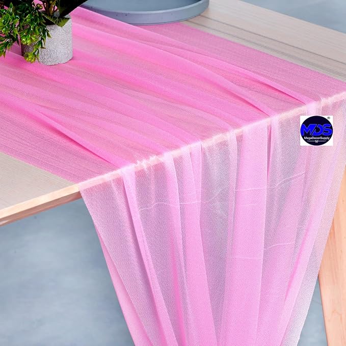 MDS 5 Pack 10ft Chiffon Table Runner 29 x 120 Inches Sheer Wedding Runner Romantic Rustic Table Runner for Wedding Decorations, Birthday Parties, Bridal Shower Party Arch Decor - Bubblegum Pink