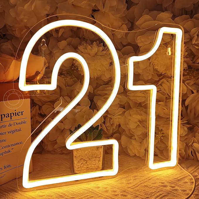 SYLHOME 21 Twenty one Led Neon Light Sign 21th Happy Birthday Party Anniversary Wall Decor Sign Number Table Sign Home Bar Pub Club Wedding Decor USB 12"X11"
