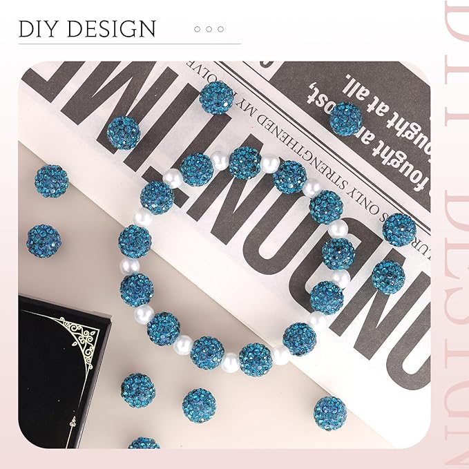 100 pcs 10mm Rhinestone Beads for Jewelry Making, Blue Zircon Shiny Round Shamballa Disco Beads Bulk, Sparkle Crystal Clay Christmas for Bracelet Baseball Necklace Earring Crafting and DIY