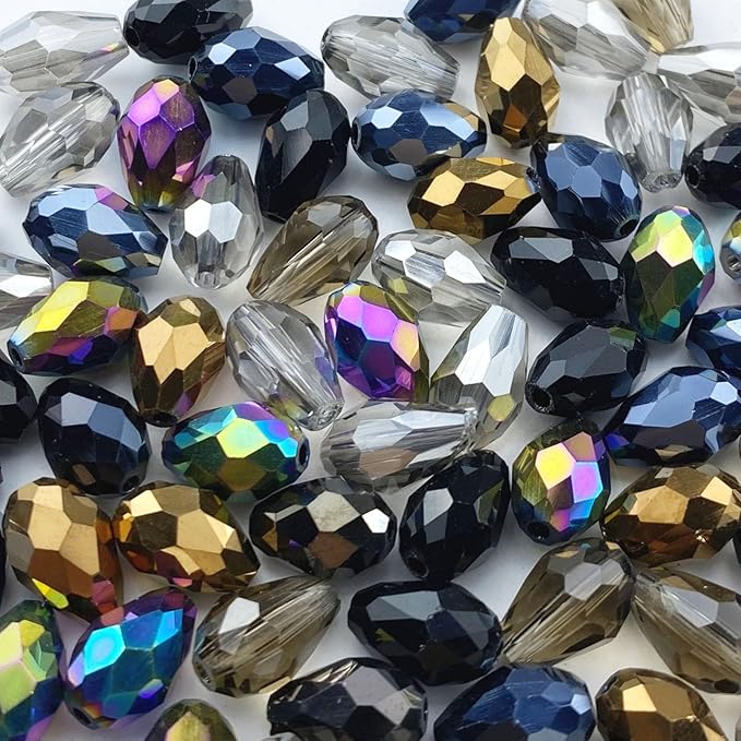 110pcs 6x8mm Teardrop Crystal Glass Beads Vertical Hole Faceted Loose Spacer Beads for DIY Craft Jewelry Making Necklace Bracelet Earring Wind Chimes(Black Series)
