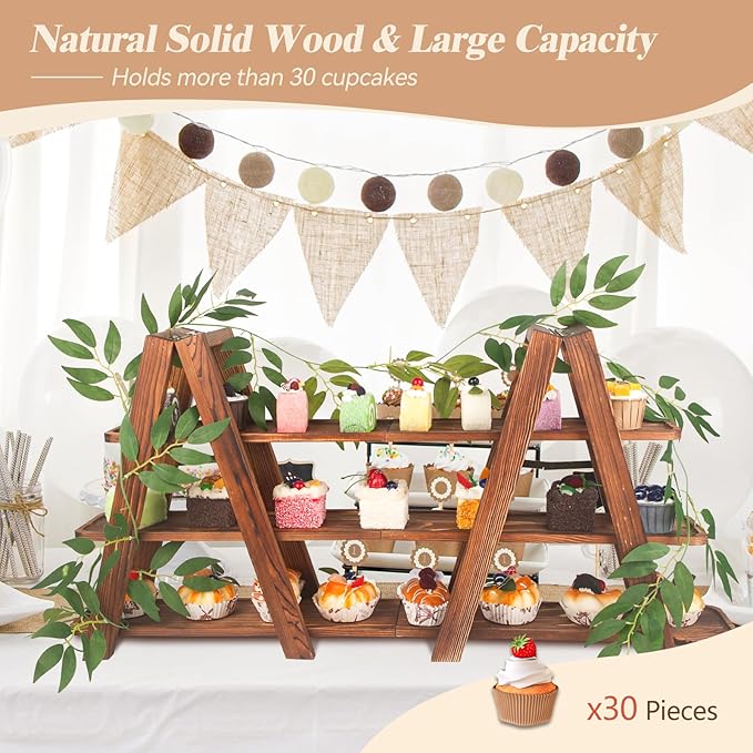 Wooden 3-Tier Cupcake Stand with Removable Trays & Vine Decoration – Foldable Party Display Serving Ladder with Platter for Cake, Snacks, Fruits, Chips, Bread