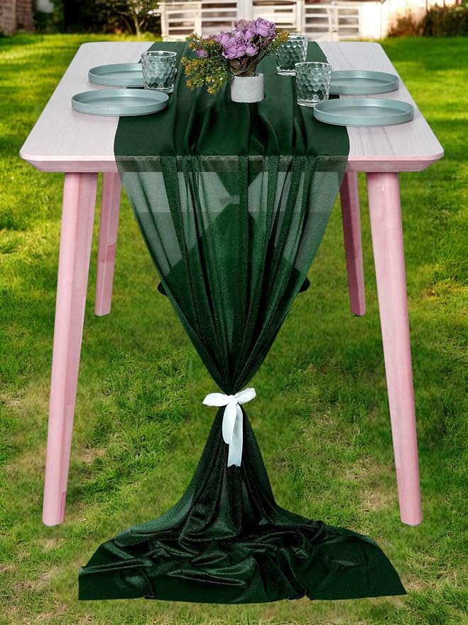 MDS 15 Pack 10ft Chiffon Table Runner 29 x 120 Inches Sheer Wedding Runner Romantic Rustic Table Runner for Wedding Decorations, Birthday Parties, Bridal Shower Party Arch Decor - Hunter Green