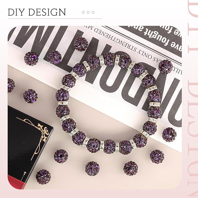 100pcs 10mm Rhinestone Beads for Jewelry Making, Dark Purple Shiny Round Shamballa Disco Beads Bulk, Sparkle Crystal Clay Christmas for Bracelet Baseball Necklace Earring Crafting and DIY