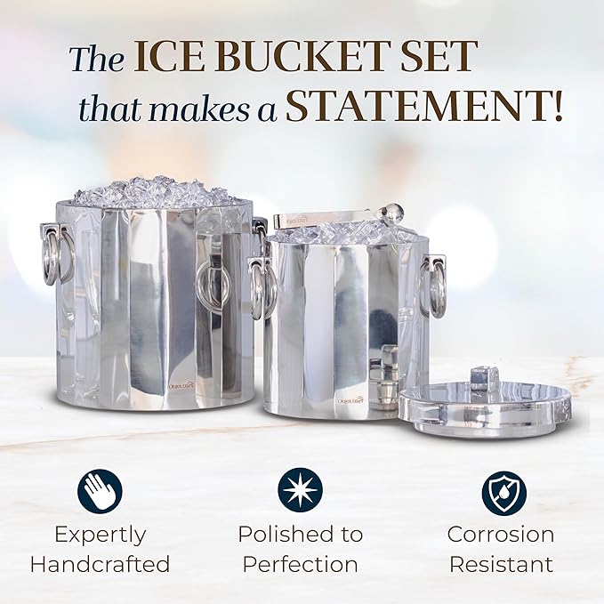Insulated Ice Bucket for Parties by Objet D’Art, Large Ice Bucket with Scoop Tongs, 2 Stainless Steel Metal Buckets for Party, Double Walled, 2 Liters, Delphi, 7.5 x 9 x 10