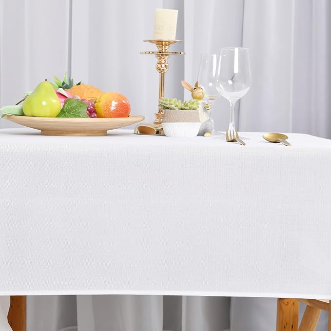 Hiasan Faux Linen Rectangle Tablecloth - Wrinkle and Stain Resistant Washable Table Cloth for Kitchen Dining Room Holiday Table Cover for Party Dinner, White, 52 x 70 Inch