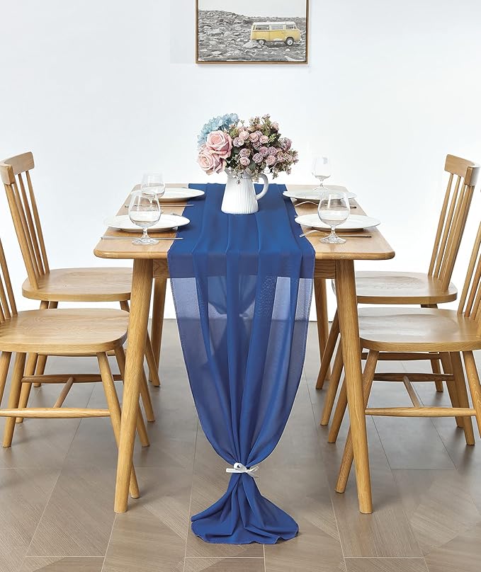 2 Pack 10Ft Royal Blue Chiffon Table Runner Sheer 29x120 Inch for Romantic Wedding Decor Bridal & Baby Shower Birthday Rustic Party Decoration