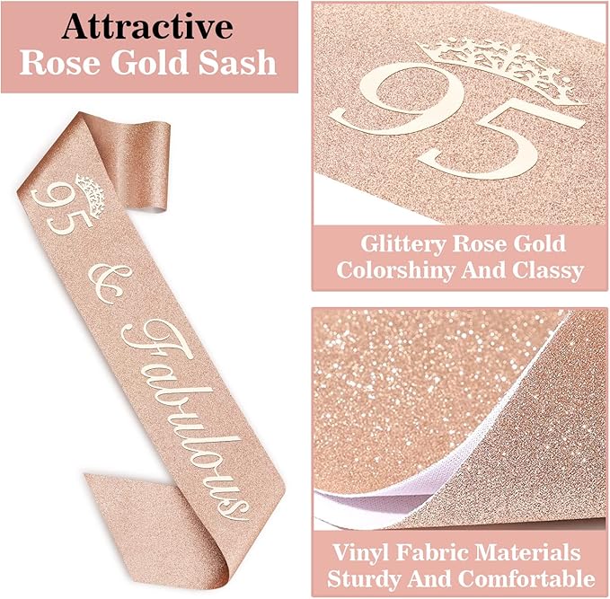 95th Birthday Decorations for Women Including Birthday Sash, Crown, Numeral Candles and Cake Topper, Rose Gold Party Decor Supplies