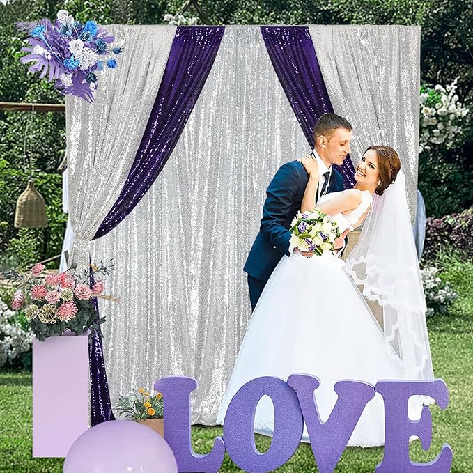 Poise3EHome 2 Panels 4ftx8ft Silver Sequin Backdrop, Upgrade Shimmer Backdrop for Wedding Christmas Party Photo Booths Event Decorations