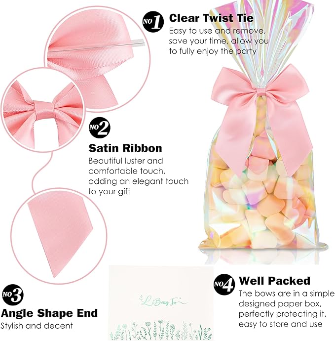 4.5" Satin Ribbon Pink Bows for Gift Wrapping, Twist Tie Bows, Cute Bows for Crafts, Party Favors, Premade Bows Pre-Tied Decorative Bows for Flower Bouquets Candy Apple Bows-24 Counts