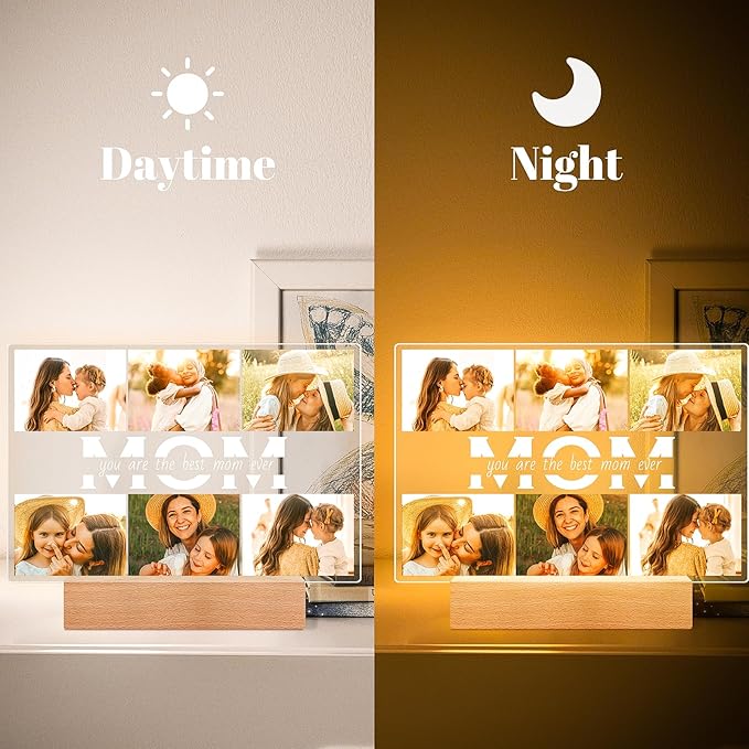 Personalized Gifts for Mom from Daughter Son, Custom Picture Frames with Photos, Customized Photo Frame with Night Light, Personalized Birthday Gifts for Mom Baby Kids Family